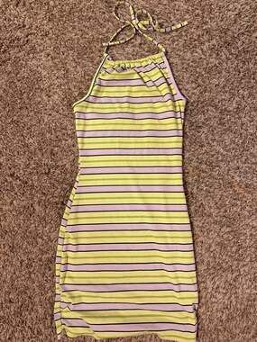 No Comment Striped Ribbed Halter Mini Dress